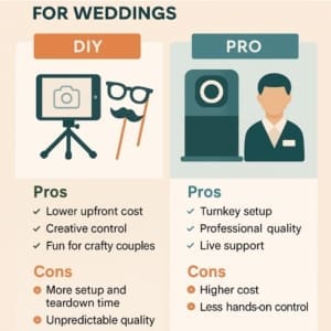 DIY vs. Pro Photo Booth Rental for Weddings Weigh the pros and cons of setting up your own photo booth versus hiring a pro for your wedding