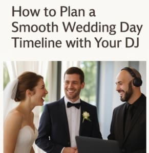 How To Plan A Smooth Wedding Day Timeline With Your DJ Bride and groom smiling with DJ while planning wedding reception timeline