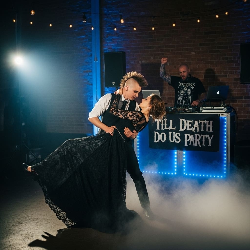 Bride and groom dancing while a wedding DJ plays at a stylish venue
