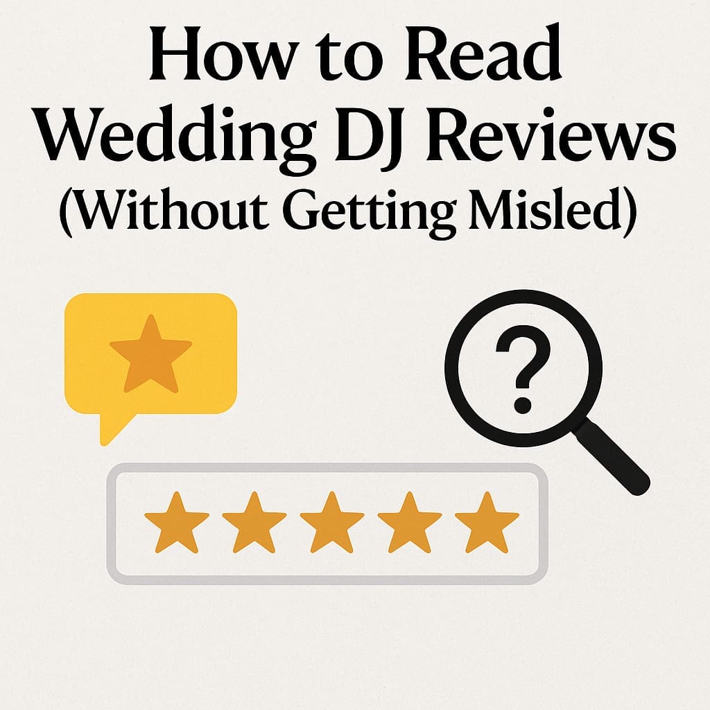 How to Read Wedding DJ Reviews (Without Getting Misled) Illustrated graphic with star rating, magnifying glass, and speech bubble
