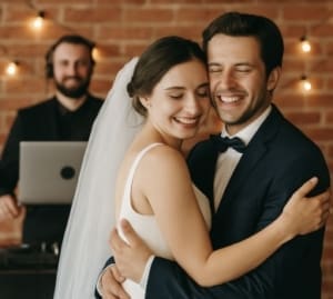 Wedding Music Mistakes To Avoid Bride and groom smiling with their DJ in the background at wedding reception