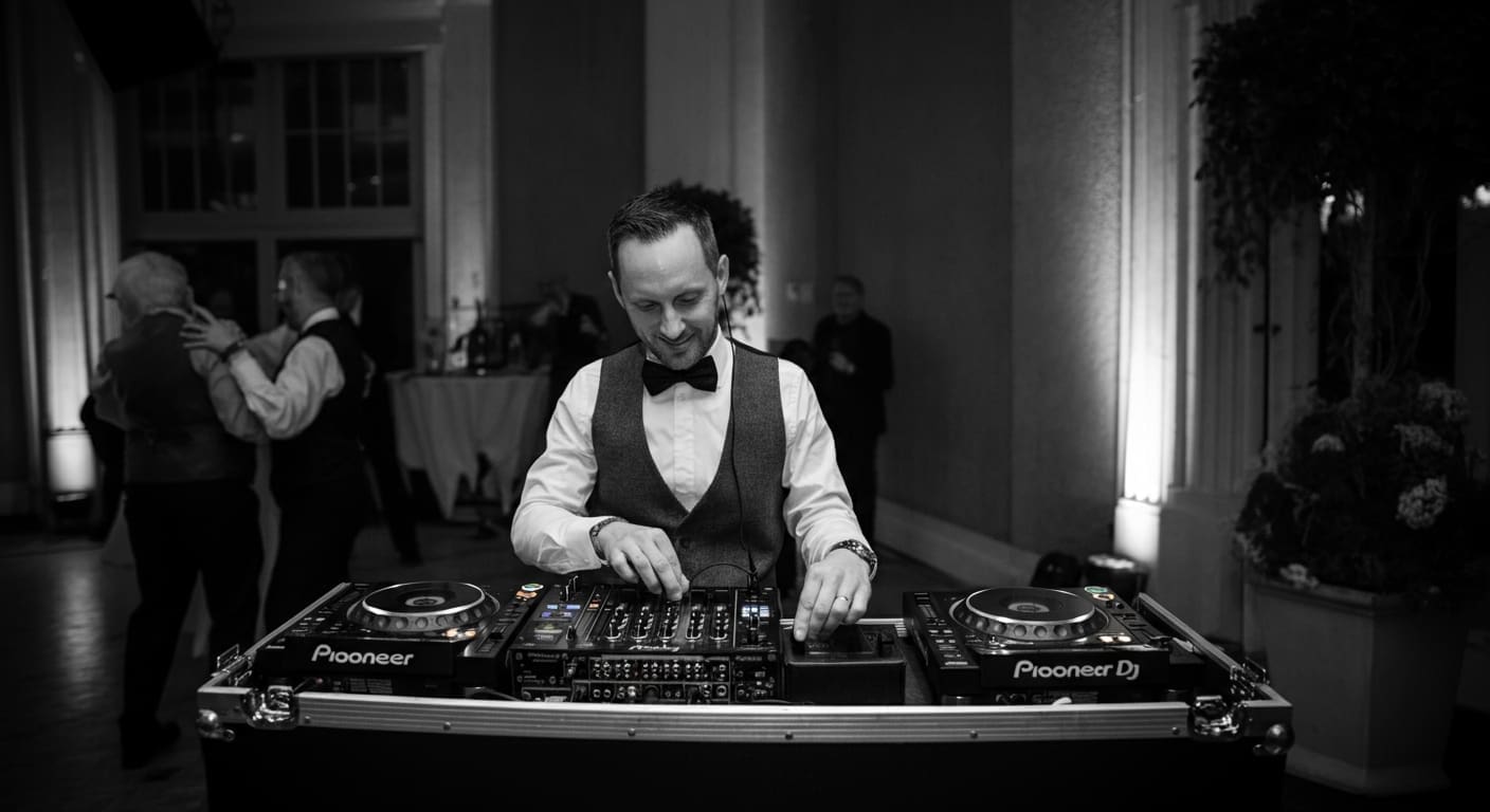 professional wedding DJ setup Professional DJ setup with newlyweds dancing nearby